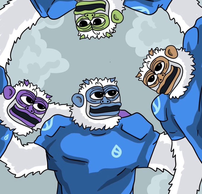 A cartoon illustration of five blue muscular gorilla-like characters with white fluffy collars forming a circle, featuring different colored faces (green, purple, blue, brown, and tan).
