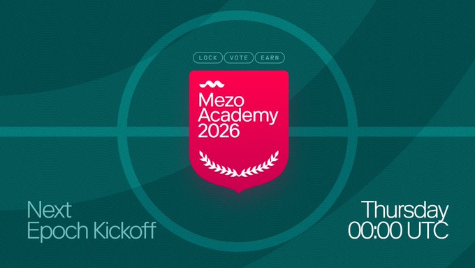 A promotional graphic for "Mezo Academy 2026" features a red shield emblem on a teal background with "LOCK • VOTE • EARN" above it, alongside text announcing the "Next Epoch Kickoff" on "Thursday 00:00 UTC." The image visually reinforces the post's call to action for the upcoming Mezo Academy epoch, where users can pair veMEZO with veBTC to maximize voting power and rewards before the epoch closes at 23:59 UTC.