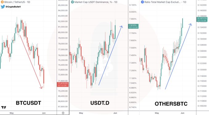 The image shows three different charts representing Bitcoin, altcoin prices, and other cryptocurrencies against Bitcoin, as well as US dollar and euro currency fluctuations. The charts are aligned vertically, with each set of data represented by a specific color or symbol. The chart for Bitcoin is in red, the one for altcoin priced green, and the ones for US dollar and euros are in blue. These financial charts help to visualize market trends and analyze how different cryptocurrencies perform against traditional currencies.