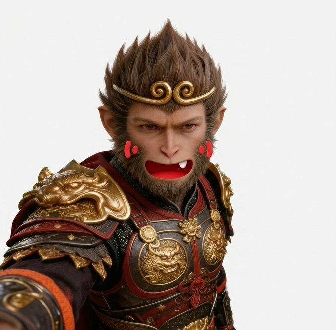 A detailed 3D render of a monkey warrior character in ornate red and gold armor, wearing a golden headband with a comedic red mouth overlay.