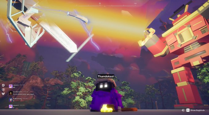 A vibrant 3D video game or virtual world scene with a character named 'Thandokazi' in a purple jacket standing before a sunset landscape featuring floating geometric structures, a pagoda-like tower, and a chat sidebar on the left.