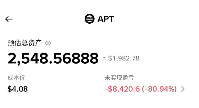 A portfolio screen displaying APT (Aptos) holdings with an estimated total assets value of 2,548.56888 (~$1,982.78), cost basis of $4.08, and unrealized loss of -$8,420.6 (-80.94%).