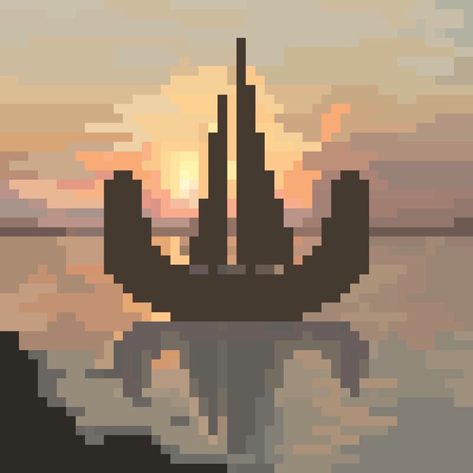 Pixel art silhouette of a futuristic tower or ship against a sunset sky, with its reflection visible in water below.