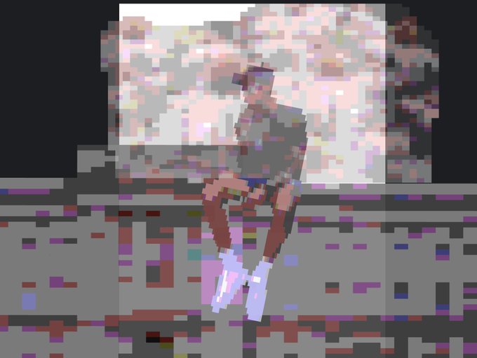 A heavily pixelated, glitch-style image of a figure in red and white clothing against a distorted background.