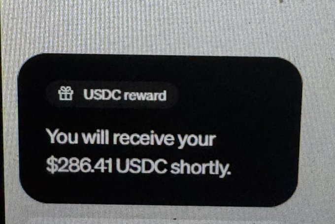 A screenshot shows a Moonpay notification displaying a USDC reward message with the text "You will receive your $286.41 USDC shortly," reassuring the user that their cryptocurrency transaction is being processed.