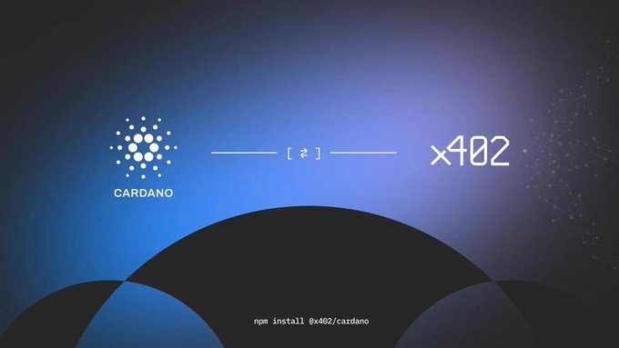 A promotional graphic featuring the Cardano logo alongside the x402 branding on a dark blue background, with the installation command "npm install @x402/cardano" displayed at the bottom, visually representing Cardano's integration into the x402 payment standard for AI agents.