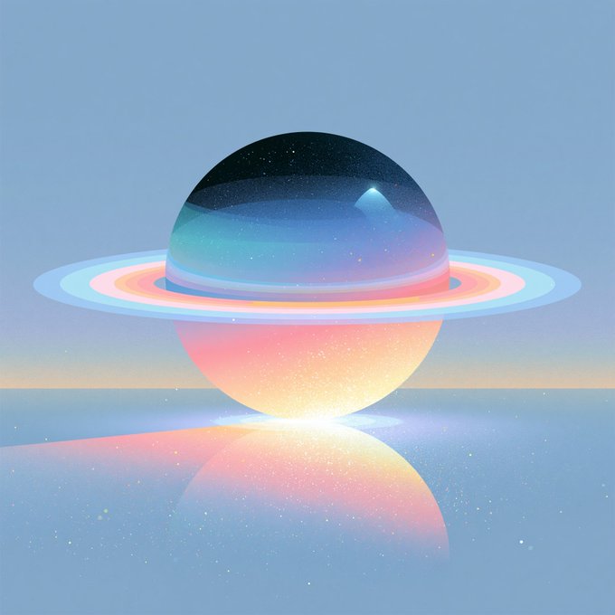 Surreal digital illustration of a translucent sphere with a cosmic galaxy interior, encircled by a colorful ring, reflecting on a mirrored surface against a blue background.