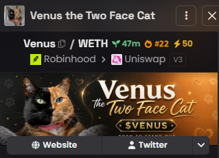 The image shows a DexScreener listing for "Venus the Two Face Cat" token (ticker: Venus) on the WETH pair, displaying a market cap of $47m, $2 holders, and 50 transactions, with liquidity sourced from Robinhood and Uniswap V3. The accompanying post confirms this is an update from DexScreener showing the token's performance on Robinhood's decentralized exchange.