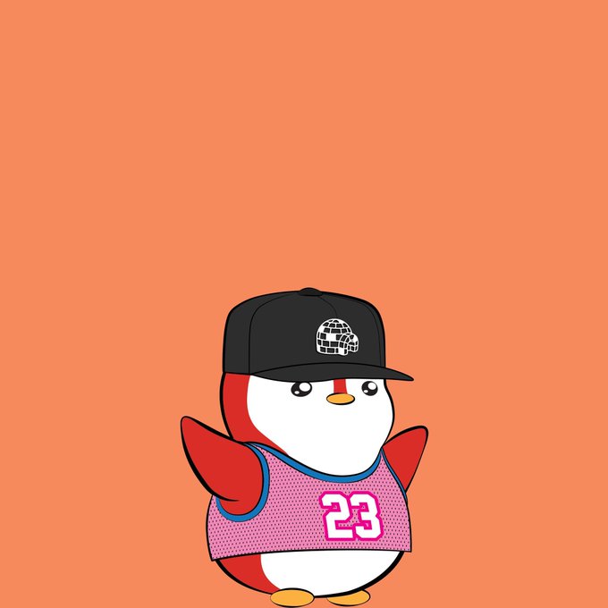 A cartoon penguin wearing a black cap with a Death Star logo and a pink jersey with '23' on it, against an orange background.