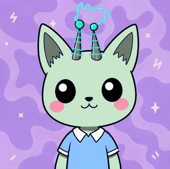 The image features a cartoon cat wearing a blue shirt with white collar, standing against a purple background adorned with stars. The cat has two antennae sticking out from its head, giving it a futuristic appearance. In the bottom right corner of the image, there is text that reads "Yoo guys Just got 15 WL from @BloopiesETH To join: Follow me + @BloopiesETH > Like + repost + drop your EVM address in comments Only 8 hours left best of luck everyone". The cat's position and the purple background with stars create a whimsical atmosphere, making it an interesting and engaging visual.