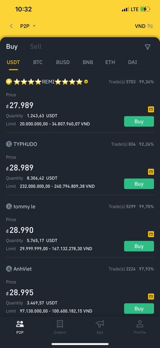 A Binance P2P screenshot showing USDT buy offers ranging from ₫27.989 to ₫28.995 per USDT, with prices approaching the 29K VND mark referenced in the post. The post questions whether USDT will bounce back, hover around 28K, or drop to 25K next.