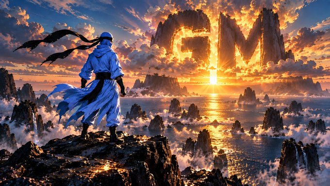 A fantasy-style digital artwork shows a figure in a white cloak and headband standing on a rocky peak, gazing at a massive golden 'GM' (Good Morning) glowing in the sky above a misty seascape at sunrise.