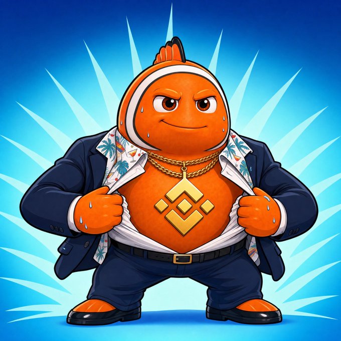 Cartoon illustration of an anthropomorphic orange fish character wearing an open blue suit jacket over a tropical print shirt, with a gold Binance (BNB) logo necklace around its neck, standing against a bright blue background.