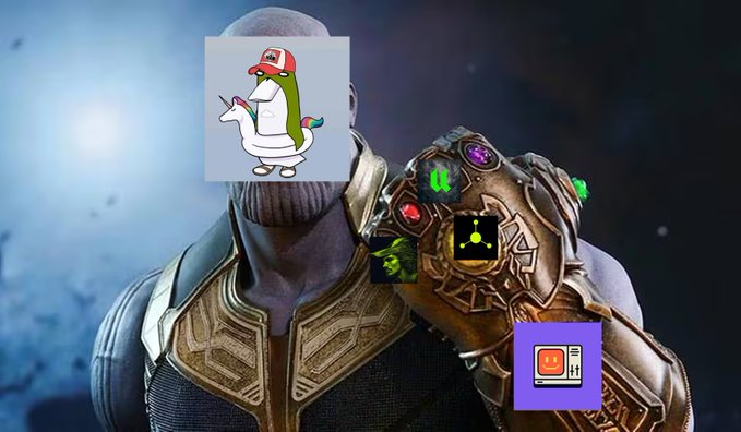 Thanos from the Marvel films with various cartoon stickers and images photoshopped over his face and Infinity Gauntlet, including a unicorn-pony hybrid character wearing a red cap.