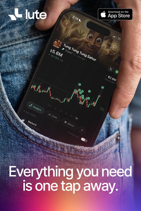 A promotional ad for the Lute app shows a smartphone displaying a stock chart for "Tung Tung Tung Sahur" valued at $5.6M with a 10.15% gain, tucked into a denim pocket, with the tagline "Everything you need is one tap away." The image illustrates the post's mention of shipped iOS features that let users discover top traders and earn rewards when followers act on their calls or trail their trades.