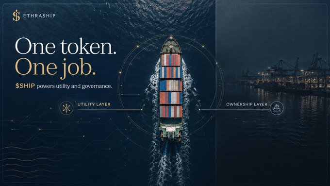 A promotional graphic for EthraShip ($SHIP) features an aerial view of a container ship at sea, with the tagline "One token. One job." and explaining that $SHIP powers utility and governance through a "Utility Layer" and "Ownership Layer," visually reinforcing the post's point about the token having a distinct, non-overlapping role in the shipping ecosystem rather than a vague, all-purpose function.