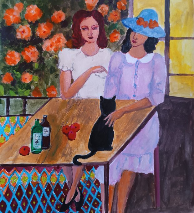 The image is a vibrant painting depicting two women seated at a wooden table with a black cat, red apples, and wine bottles, set against a backdrop of orange roses and a window. The artwork appears to be a piece being sold as a limited edition NFT on objkt.com for 9.99 XTZ, with the scene evoking an intimate, leisurely moment reminiscent of vintage café culture.