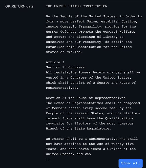 The image shows a screenshot of a webpage that displays the entire text of the United States Constitution, which is written in black text against a white background. The website also provides links to other sources for further information about the U.S. Constitution.