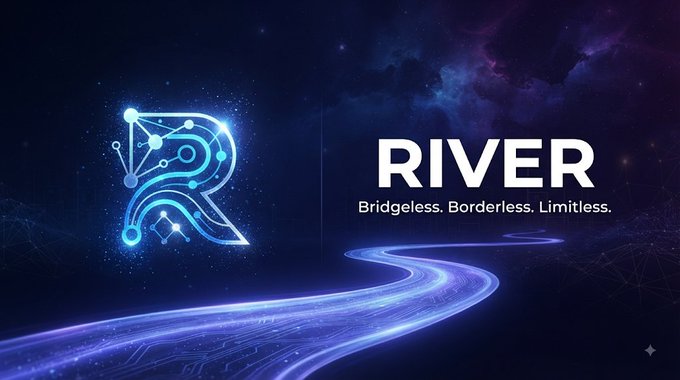 A digital graphic with a glowing blue 'R' logo on a cosmic background, accompanied by the text 'RIVER — Bridgeless. Borderless. Limitless.'