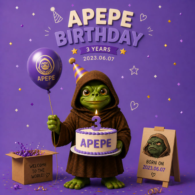 The image features a cartoon character dressed as Apope holding a balloon with the number 3 written on it. There are also two other characters present - one sitting next to a cake and another standing near a sign that says "Happy Birthday". The background is purple, which complements the overall theme of the post.