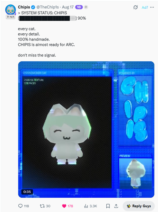 A tweet from @TheChipIs dated Aug 17 featuring a 3D cat character called CHIPSIS with text about a system status update and preparation for ARC.