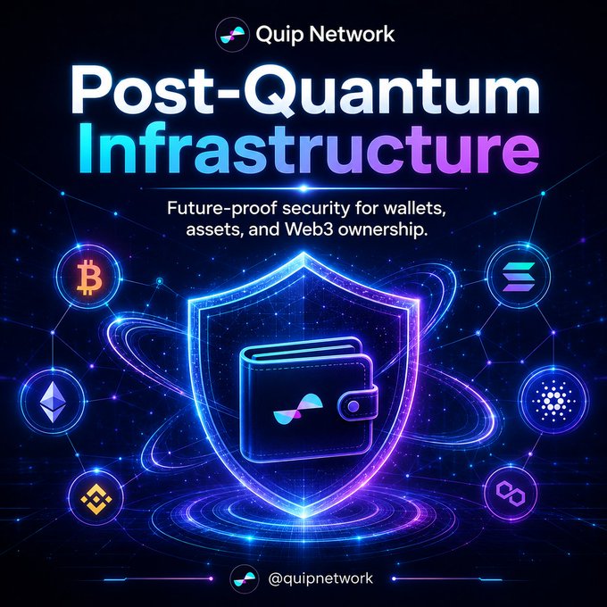 The image features a shield with a wallet icon, surrounded by various symbols representing different aspects of web3 technology. The text above the shield reads "Post Quantum Infrastructure", indicating that this is an advertisement for a new type of infrastructure specifically designed for Web3 users. The image also includes several other symbols related to web3 and quantum computing, such as a Bitcoin symbol and a Ripple XRP symbol. These symbols are meant to represent the interconnected nature of web3 technology and its potential applications in various industries.