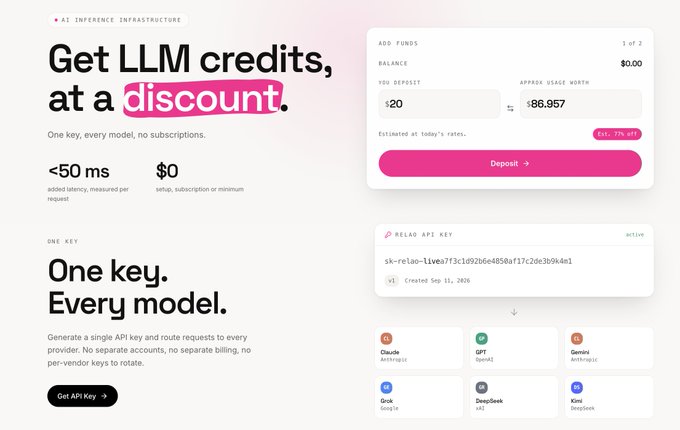 A promotional webpage for an AI inference service offering 'Get LLM credits, at a discount,' with text highlighting 'One key. Every model.' and showing pricing details, a deposit interface, and supported providers like Claude, GPT, Gemini, Grok, DeepSeek, and Kimi.
