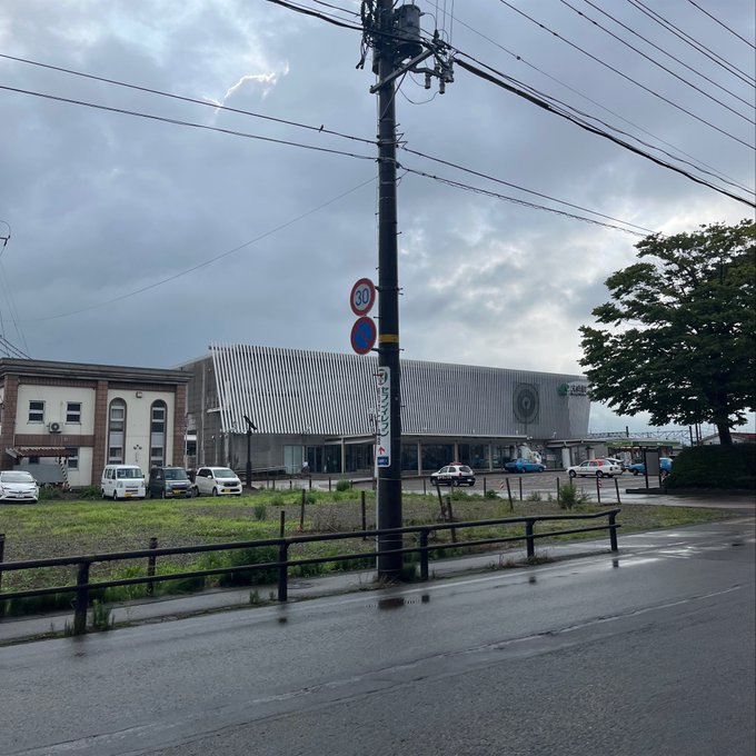 A street view shows a gray, cloudy day with a utility pole in the foreground, featuring a 30 km/h speed limit sign, with buildings and parked cars visible across the road.