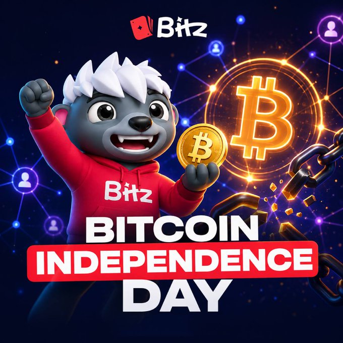 The image is a promotional graphic for "Bitcoin Independence Day" by BitZ, featuring a cheerful cartoon yeti mascot in a red "BitZ" hoodie holding a Bitcoin coin, with a glowing "₿" symbol and broken chains symbolizing liberation in the background. The post ties in by commemorating the 2017 UASF (User Activated Soft Fork) as a milestone where node operators asserted control over Bitcoin's rules, reinforcing the "independence" theme shown by the breaking chains.