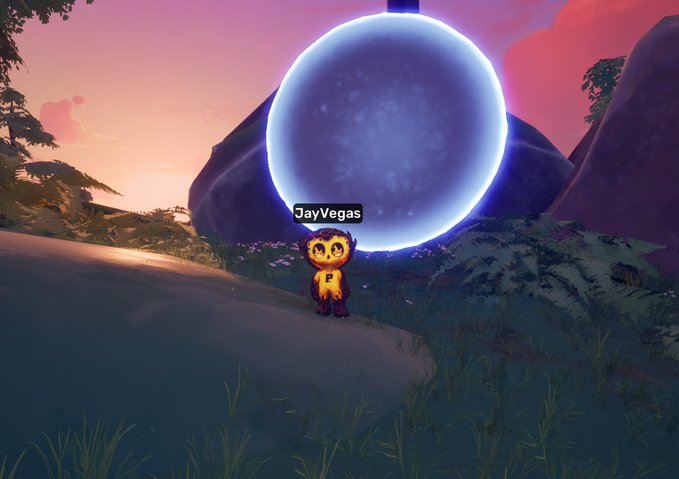 A screenshot from a video game featuring a character labeled 'JayVegas' — an orange fox-like figure in a yellow hoodie — standing in front of a large glowing blue portal in a lush, sunset-lit landscape with mountains and greenery.