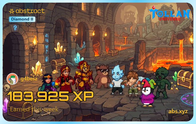 The image features a group of cartoon characters standing together with their arms around each other. The characters include a lion, a bear, and penguins among others. They are all dressed in colorful outfits that stand out against the backdrop of the scene. In the background, there is an illustration of a castle or a building, which adds to the overall theme of the image. The post also includes some text elements such as "Happy XP Day!", "This week I managed to earn a nice amount of XP again.", and "@TollanUniverse".