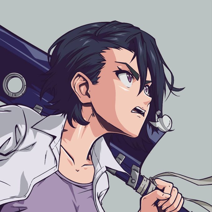 An anime-style illustration of a dark-haired character with purple eyes, appearing sweaty and distressed, carrying a large blue weapon on their back.