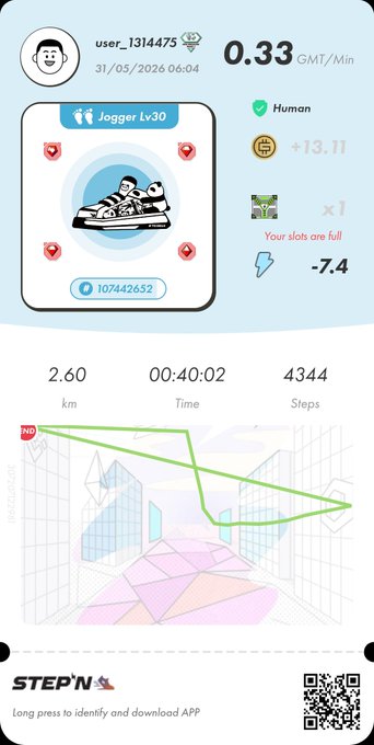 !"stepn" means Step! and "stepngo" means "your health data are correct!". The screen shows a user's progress from step number 1342 to step 822, which says that they have completed steps 1134 and 44. It also has a map of what they've been doing during their run (a cartoon image of people walking).