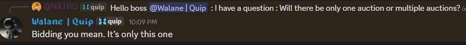 A Discord conversation shows user @NXTRO asking Walane about auction quantity, with the response clarifying "Bidding you mean. It's only this one" at 10:09 PM, supporting the post's clarification that there is only one auction round for the 50 Eigen Key slots.