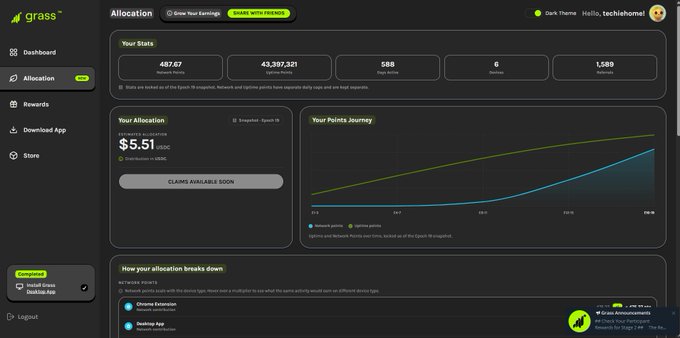The image shows a Grass dashboard with network stats displaying 487.67 Network Points, 43,397,321 Lifetime Points, 588 Epochs Active, and 1,589 referrals, alongside an Allocation section revealing a "Your Allocation" amount of $5.51 UDC with a "CLAIM AVAILABLE SOON" button. This directly illustrates the post's instructions to check Season 2 rewards by opening the dashboard without connecting a wallet, showing the user "techiehomie" their earned allocation.