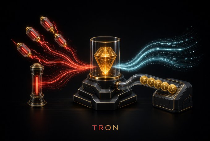 A stylized digital artwork featuring a glowing golden diamond inside a glass cylinder, with red energy currents flowing from vials on the left and blue data streams leading to a conveyor belt carrying TRON coins on the right, with the word 'TRON' displayed below.