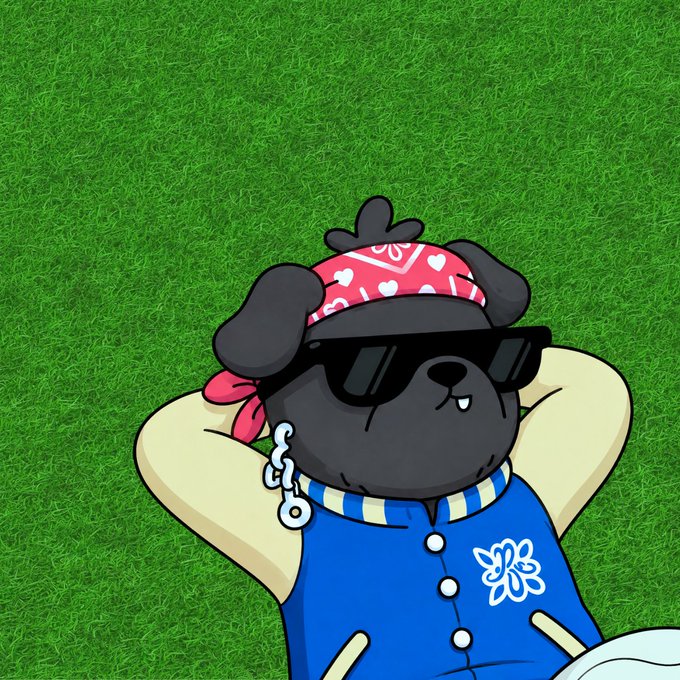 A cartoon black dog wearing sunglasses, a red bandana, a keychain, and a blue letterman jacket lounges on green grass.