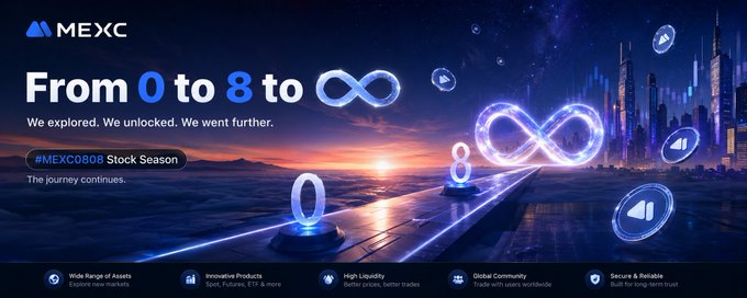 A promotional banner for MEXC crypto exchange reading 'From 0 to 8 to infinity', featuring the #MEXC0808 Stock Season and showing features like Wide Range of Assets, Innovative Products, High Liquidity, Global Community, and Secure & Reliable.
