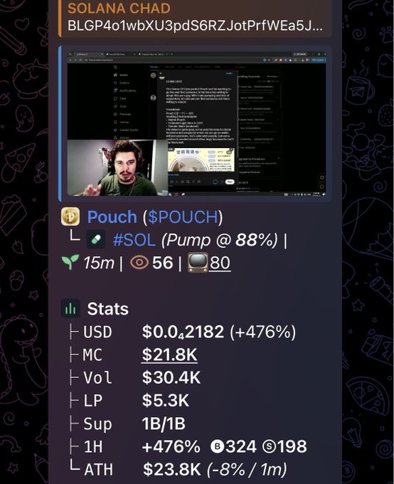A screenshot of a crypto trading interface for 'SOLANA CHAD' token ticker 'Pouch ($POUCH)' showing a +476% gain, market cap of $21.8K, and stats including USD, MC, Vol, LP, and Sup.