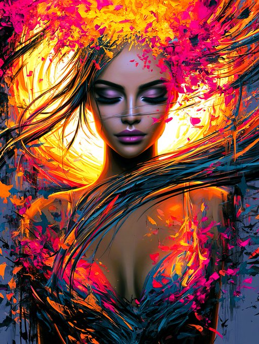 A vibrant digital painting of a woman's face and upper body, surrounded by expressive brushstrokes in bright pink, orange, yellow, and dark blue hues.