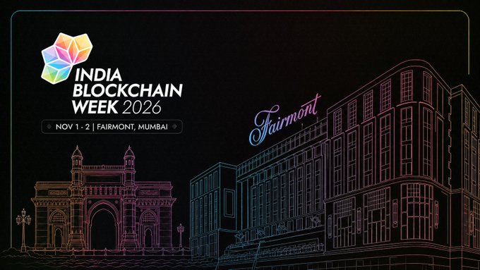 Promotional banner for "India Blockchain Week 2026," announcing the event will be held November 1-2 at Fairmont, Mumbai, featuring neon line-art illustrations of the iconic Gateway of India and the Fairmont hotel building. The graphic visually reinforces the post's announcement of the conference's relocation from Bangalore to Mumbai for its 2026 edition.