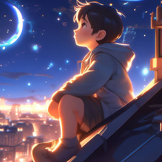 The image features a young boy sitting on top of a rooftop at night with his eyes closed as if he's meditating or daydreaming. The city skyline can be seen below him, providing an urban backdrop for this scene. The caption "Good night, Web3 fam! Rest up after another day of stacking & building. The chain never sleeps!" emphasizes the connection between the boy and the world of cryptocurrency.