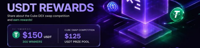 A promotional banner for USDT REWARDS advertising a Cube DEX swap competition with a $125 USDT prize pool and $150 USDT prize for 300 winners, featuring glowing green and blue cryptocurrency graphics.