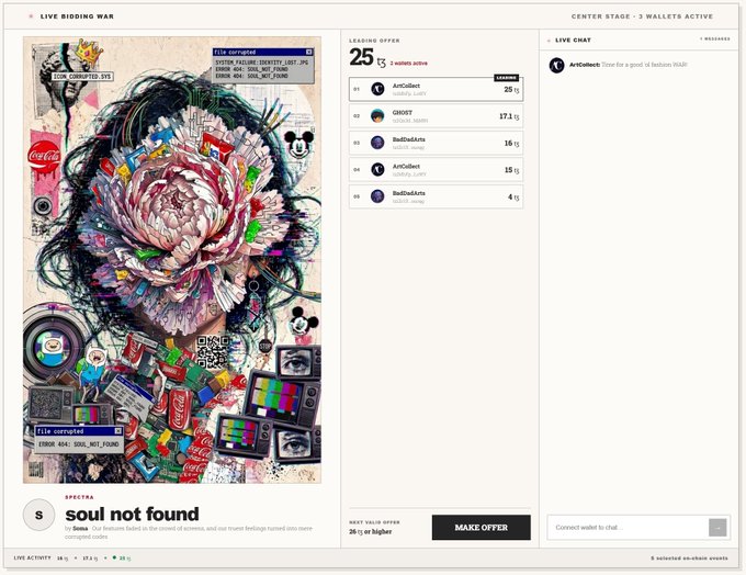 A live bidding war interface for an NFT titled "soul not found" featuring a colorful mixed-media portrait with a prominent flower, currently at 25 WARP with the leading offer from ArtCollect, alongside a live chat panel.
