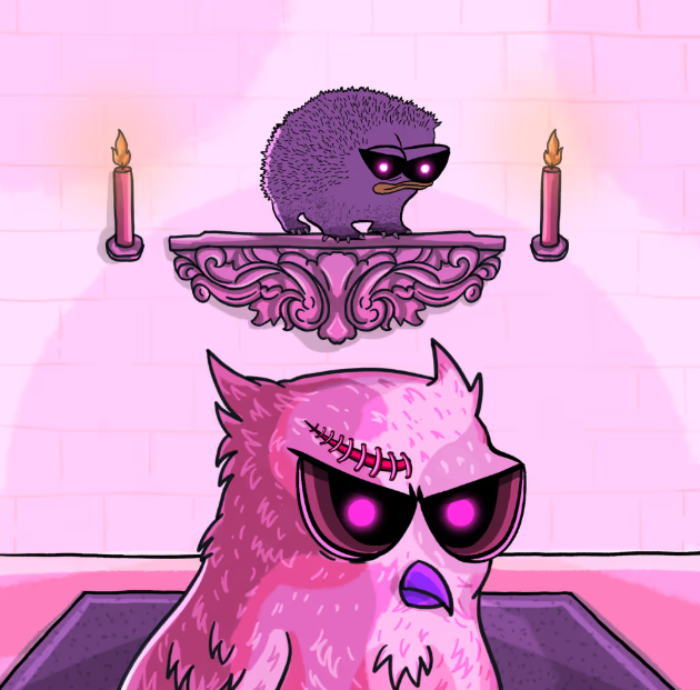 A cartoon-style illustration shows an angry pink owl with glowing pink eyes and a scar, with a small purple bird perched on a shelf above it between two lit candles.
