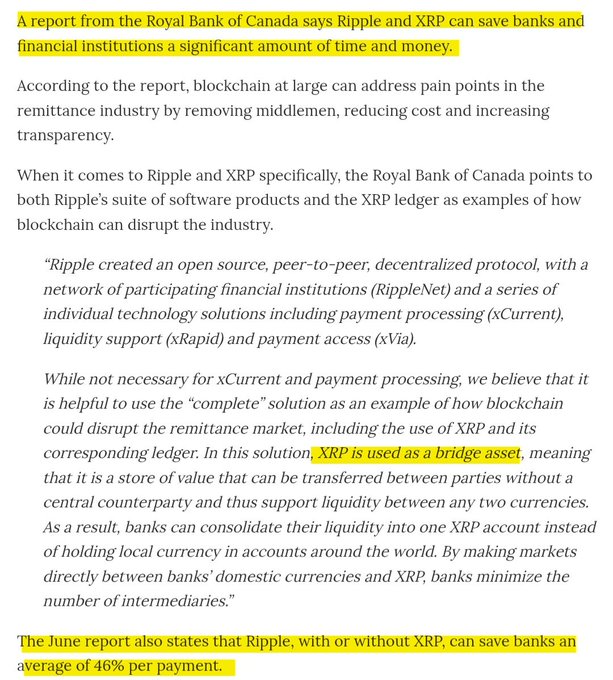 An image of an article with highlighted sections emphasizing that a Royal Bank of Canada report states Ripple and XRP can save banks and financial institutions significant time and money, with the June report noting Ripple can save banks an average of 46% per payment, aligning with the post's highlight of Ripple and XRP's cost-saving potential as a bridging asset.
