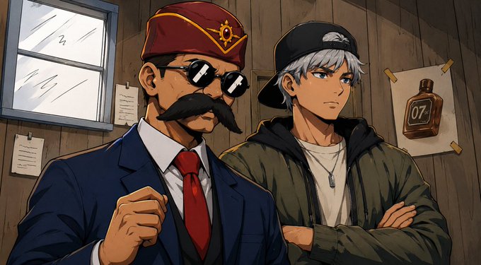 An anime-style illustration of two characters: a man with a large mustache, sunglasses, and a red cap wearing a suit, and a silver-haired character in a black cap and green jacket, with a bottle labeled '07' on the wall behind them.
