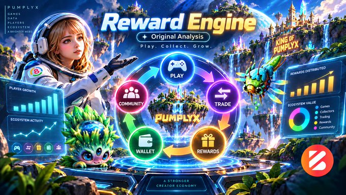 A vibrant promotional graphic titled 'Reward Engine Original Analysis' features a blonde anime character, floating islands, and a central diagram showing Play, Community, Wallet, Rewards, and Trade cycles for 'PUMPLYX'.