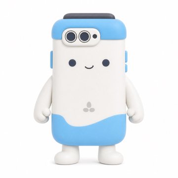 A 3D-rendered character resembling a smartphone with a cute face, blue and white color scheme, small arms and legs, and a triple camera array on top, displayed on a white background.