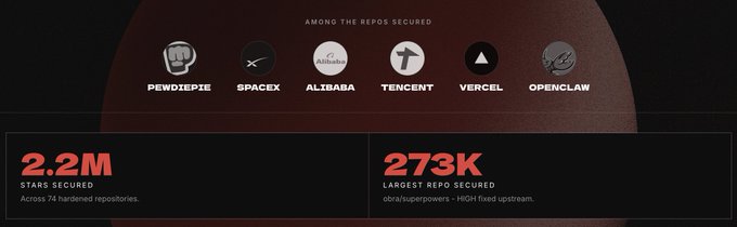 The image showcases logos of secured repositories including PewDiePie, SpaceX, Alibaba, Tencent, Vercel, and OpenClaw, with stats showing 2.2M stars secured across 74 hardened repositories and 273K as the largest repo secured (obra/superpowers). It humorously implies that $AEON has reached a milestone by securing some of the world's biggest companies, playfully suggesting it could secure "the biggest company in the world."